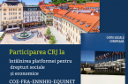 Ilustrația evenimentului. În partea de sus a imaginii, centrul istoric al orașului Bratislava. În dreapta, coperta broșurii "Carta Socială Europeană". Textul spune: "Participarea CRJ la întâlnirea platformei pentru drepturi sociale și economoce COE FRA ENHRI EQUINET. Bratislava, septembrie 2022.