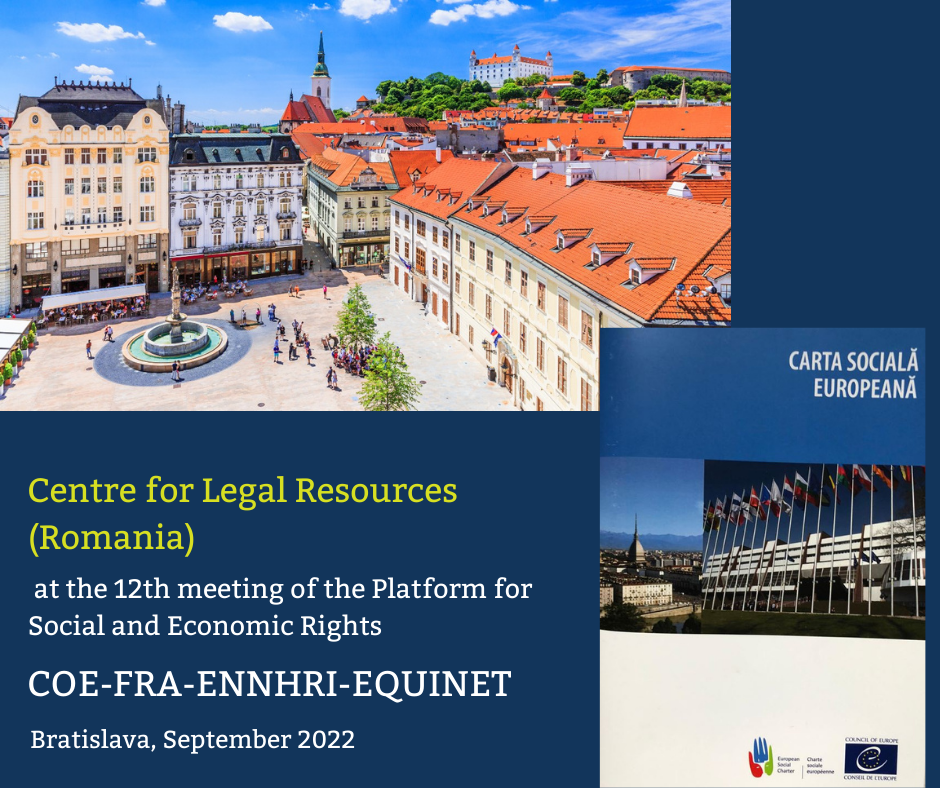 An image of old town Bratislava. The text says: "Centre for Legal Resources
(Romania). at the 12th meeting of the Platform for
Social and Economic Rights
Bratislava, September 2022