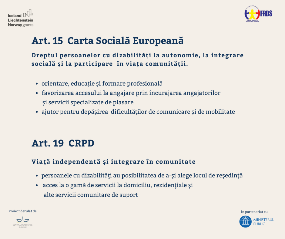 Textul Articolului 15 din Carta Socială Europeană: "Dreptul persoanelor cu dizabilități la autonomie, la integrare socială și la participare în viața comunității" și textul articolului 19 din Convenția pentru Drepturile Persoanelor cu Dizabilități: "Viaţă independentă şi integrare în comunitate."
