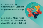 grafică a unuor persoane ce se țin de mână, în cerc. Textul spune: "PODCAST | EP. 03: Ce înseamnă Sprijin în Luarea Deciziilor pentru persoanele cu dizabilități? psih. clinician Mugur Frățilă în dialog cu persoane cu dizabilități, părinți și ONG-iști