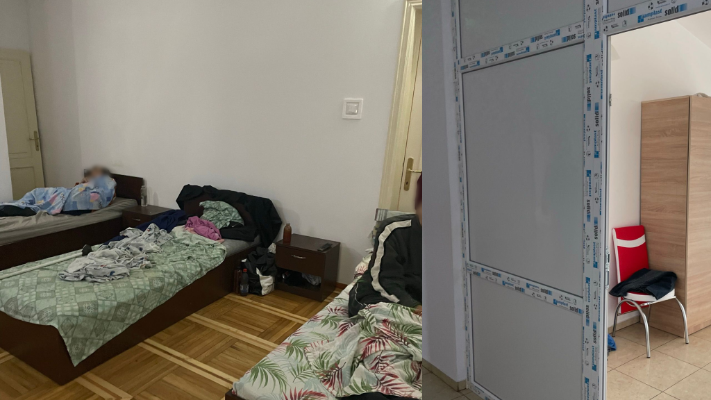 1 - Very small beds in a dark room, clothes all over the place, residents in tracksuits staying in bed, visibly distressed.
2 - An isolated room, ex-hallway