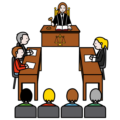 Oameni într-o sală de tribunal